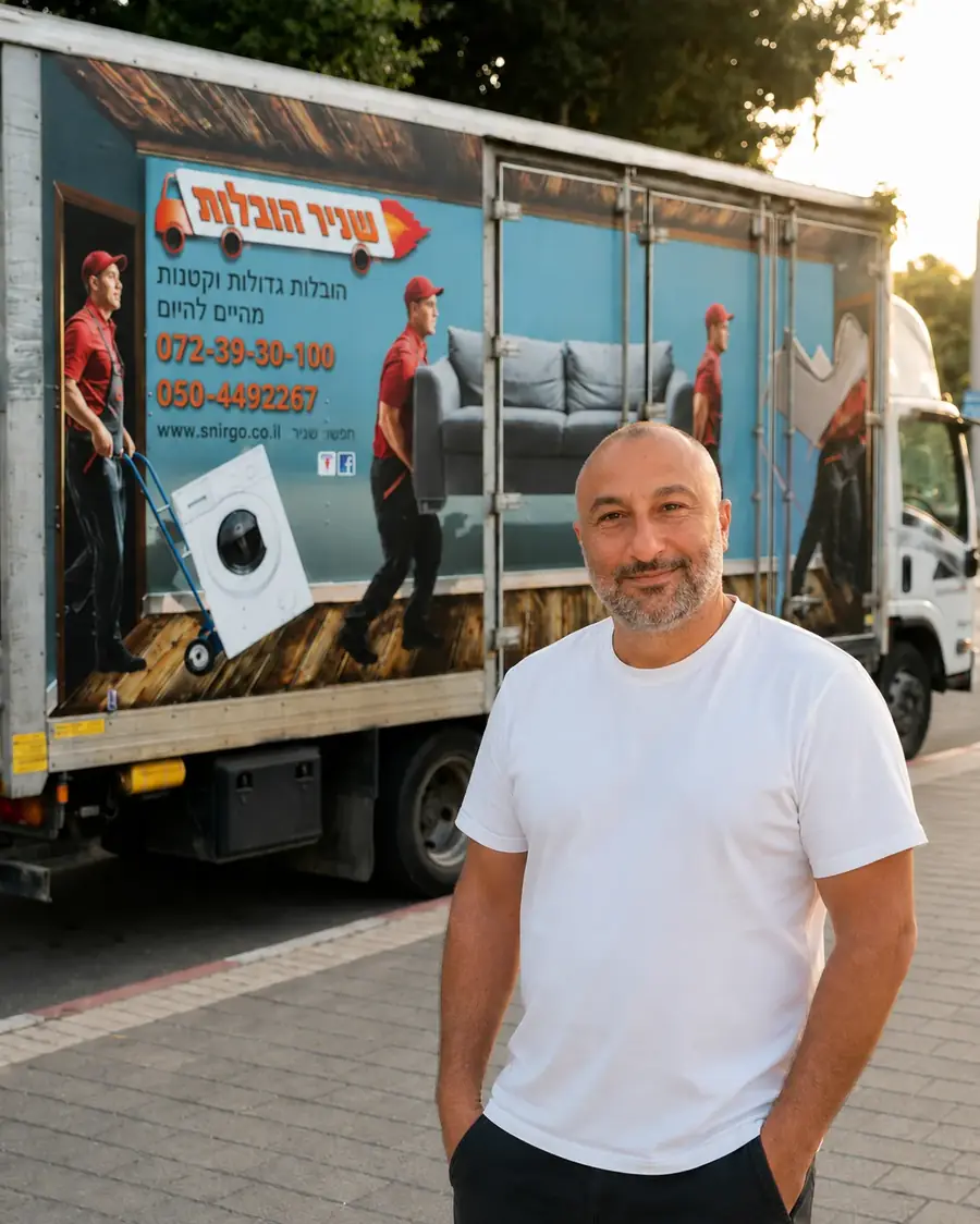שניר הבעלים עומד ליד משאית ההובלה הממותגת של שניר הובלות