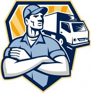 Illustration of a removal man delivery guy with moving truck van in the background set inside half circle done in retro style.